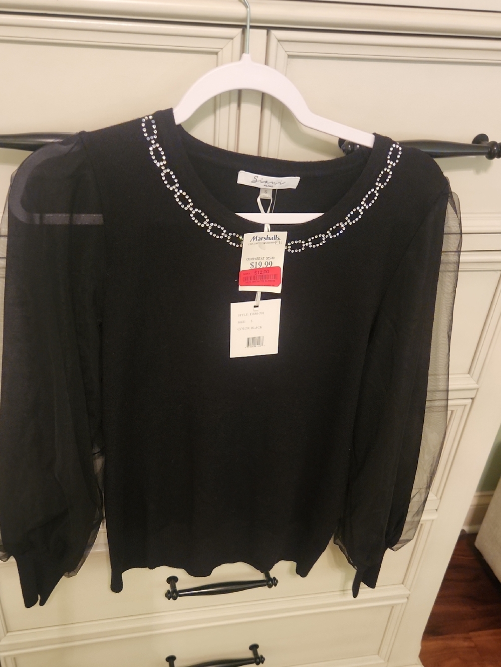 Sioni Black Knit Sweater with Sheer Puff Sleeves & Rhinestone Neckline